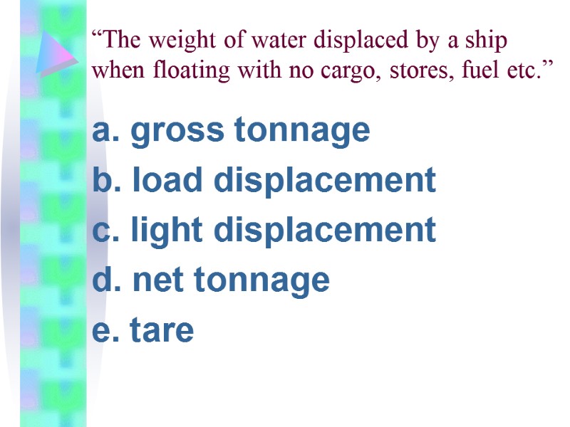 “The weight of water displaced by a ship when floating with no cargo, stores,